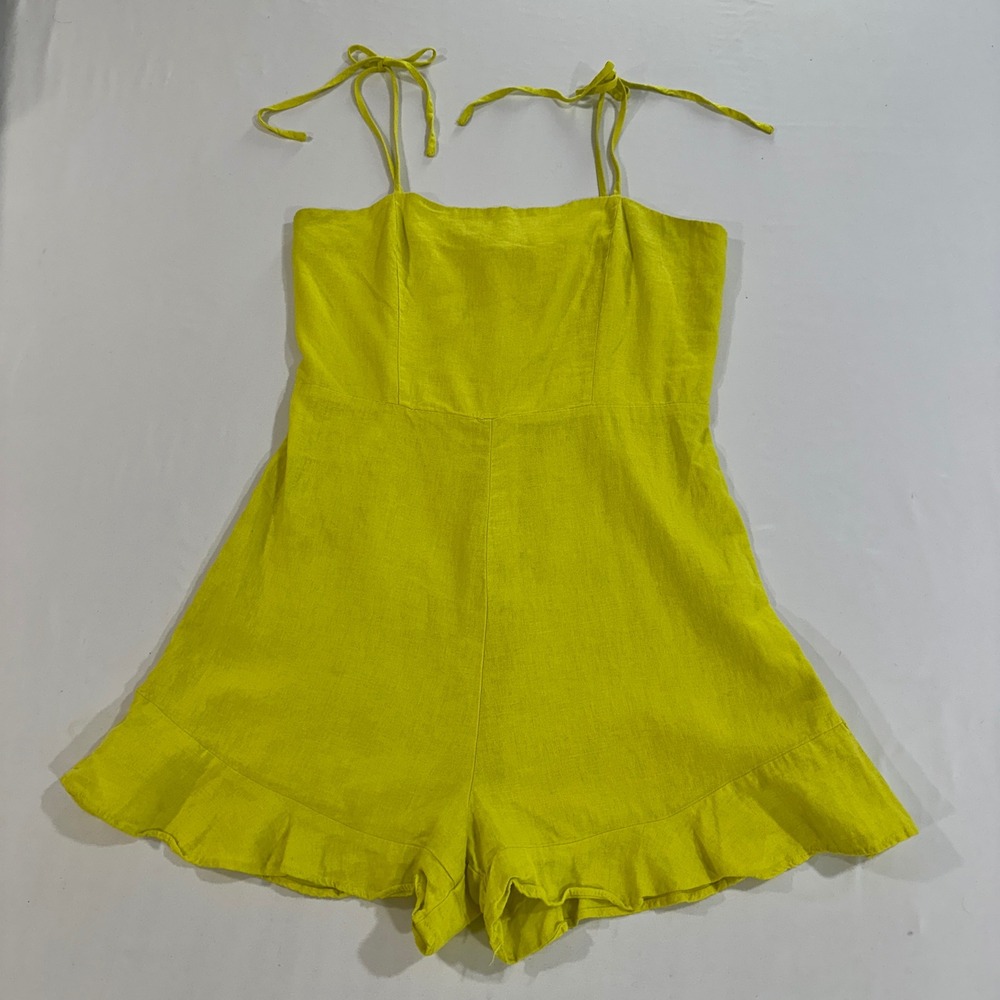 GB Romper Linen Blend‎ Tie Shoulder Ruffle Hem Womens M Yellow Sunsuit GB7481XES